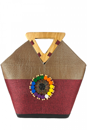 Geantă Tote -Piesă Unicat- din Sisal cu Mânere Triunghiulare din Lemn – Eleganță Africana autentica - Gri-Vișiniu [0]