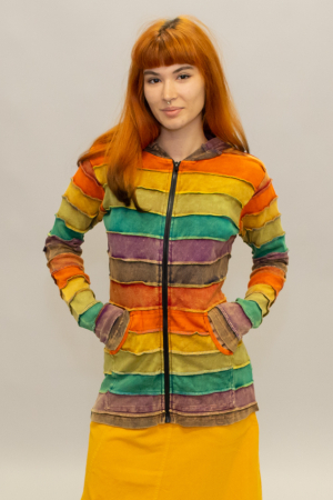 Hanorace - Hanorac damă din bumbac cu fermoar și glugă  - Model Multicolor Dungi