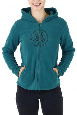 Hanorac din polar cu fermoar si print Lotus - Teal [5]
