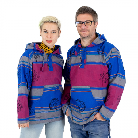 Hanorace - Hanorac unisex cu print si nasturi de lemn - Albastru Inchis