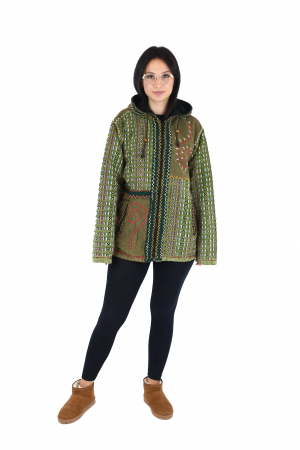 Jacheta din bumbac captusita din polar razor-cut si broderie - Verde [1]