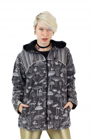 Jacheta din bumbac cu fermoar regular fit - Mushrooms - Negru [0]