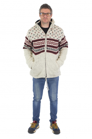 Jacheta din lana cu motive Scandinave - Alb cu Visiniu [3]