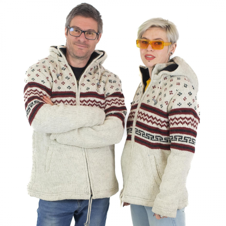 Jachete - Jacheta din lana cu motive Scandinave - Alb cu Visiniu