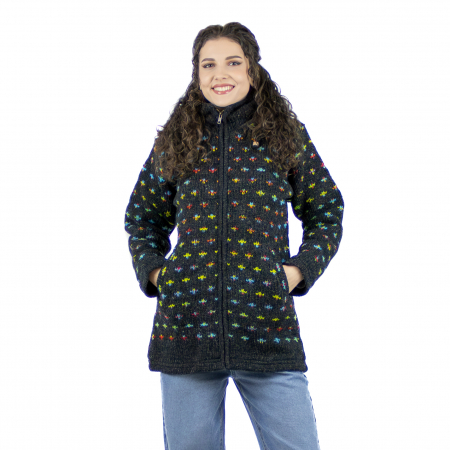 Jachete - Jachetă lungă, cambrată, din lână, căptușită cu polar - Multicolor