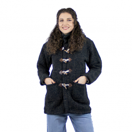 Jachete - Jachetă lungă din lână căptușită cu polar și nasturi din lemn - Negru