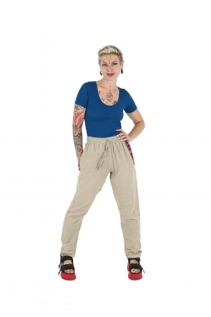Pantaloni cu croi drept și model etno și talie ajustabilă - Crem [1]