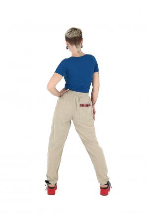 Pantaloni cu croi drept și model etno și talie ajustabilă - Crem [3]