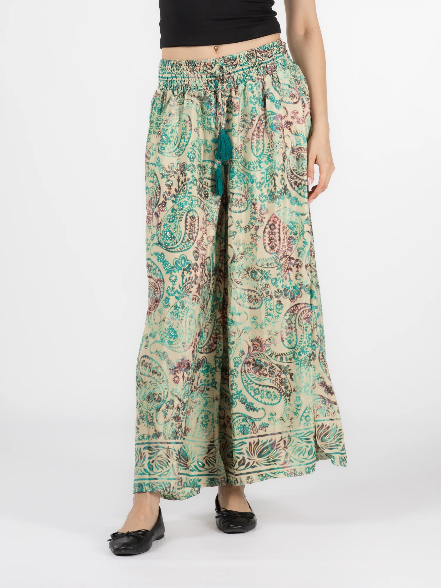 Pantaloni - Pantaloni cu croi lejer din material fluid și fir auriu - Model 30