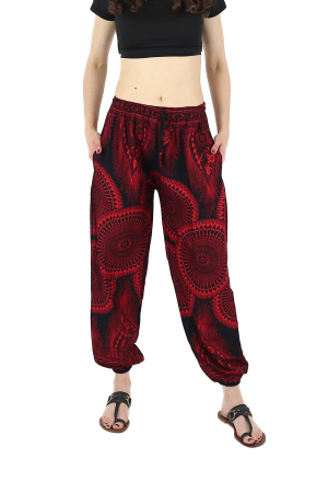 Pantaloni cu print abstract  si cu ajustare prin snur - Negru cu Rosu [0]