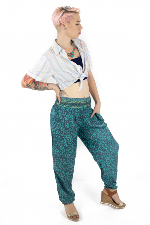 Pantaloni cu print oriental si elastic in jurul gleznei - Teal [2]