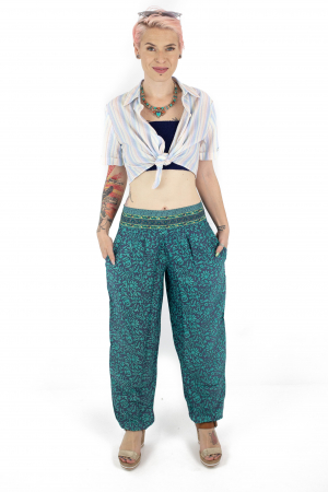 Pantaloni cu print oriental si elastic in jurul gleznei - Teal [1]