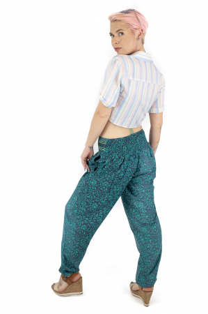 Pantaloni cu print oriental si elastic in jurul gleznei - Teal [4]