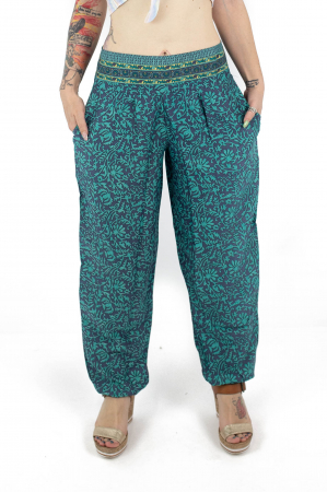 Pantaloni cu print oriental si elastic in jurul gleznei - Teal [0]