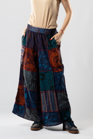 Pantaloni - Pantaloni Culottes Patch din Bumbac cu Print - Nuanțe de Albastru