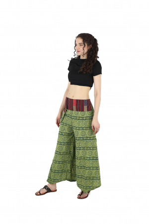 Pantaloni din bumbac cu print abstract si talie cu broderie - Verde [2]