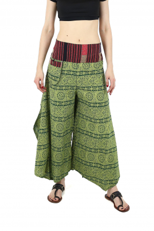 Pantaloni din bumbac cu print abstract si talie cu broderie - Verde [0]