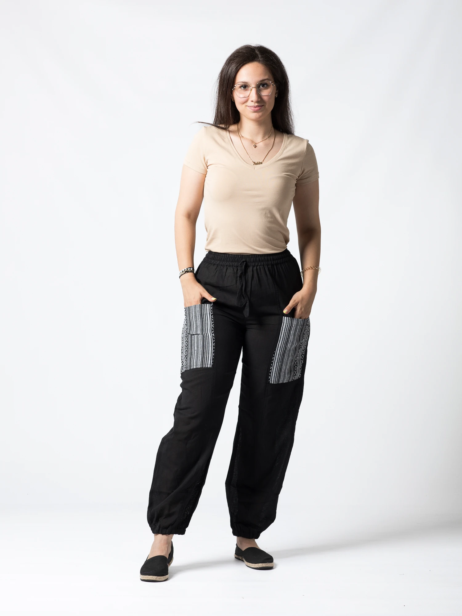 Pantaloni din bumbac cu șnur în talie și buzunare frontale cu detalii - Vișiniu [1]