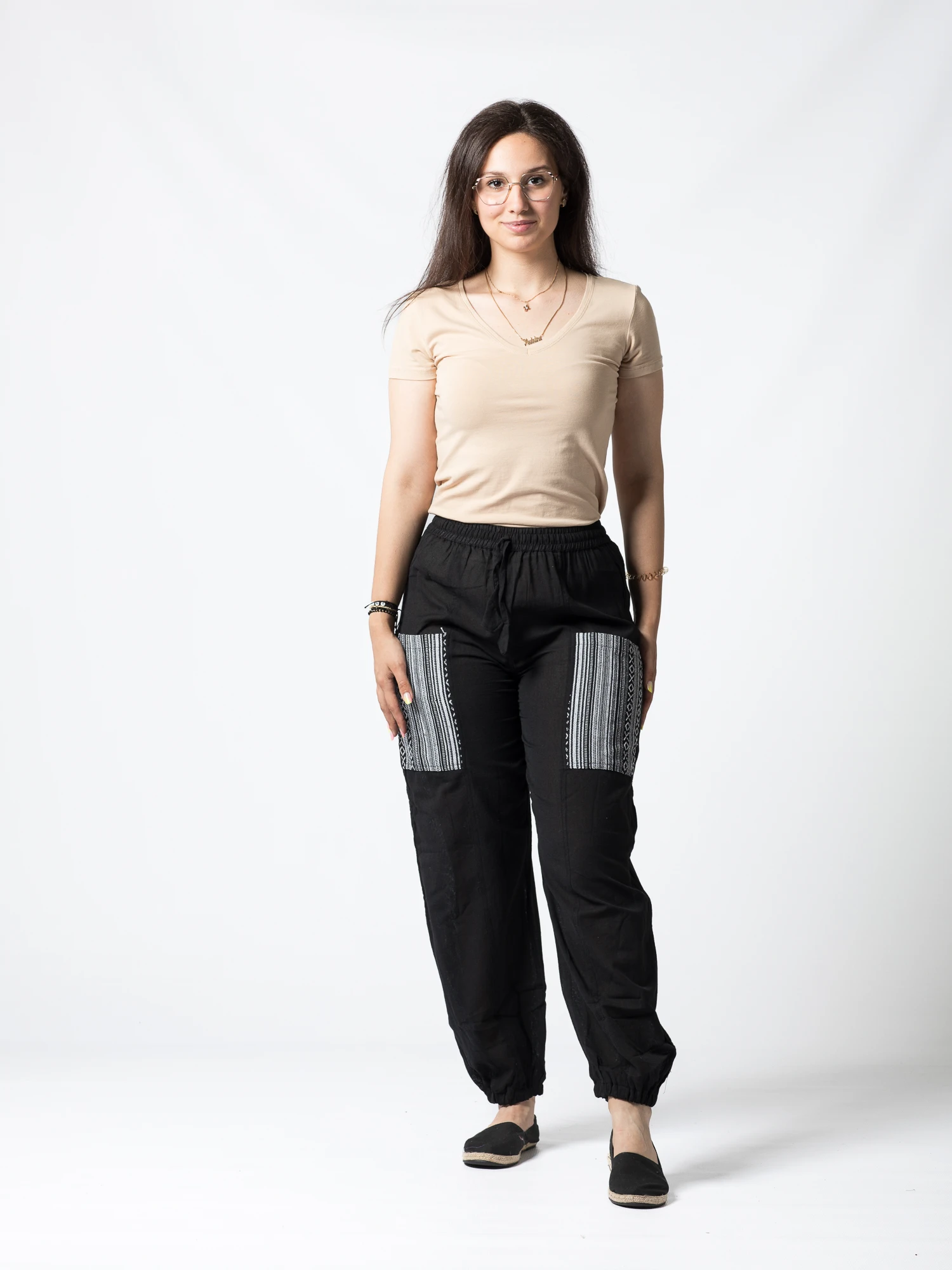 Pantaloni din bumbac cu șnur în talie și buzunare frontale cu detalii - Vișiniu [3]