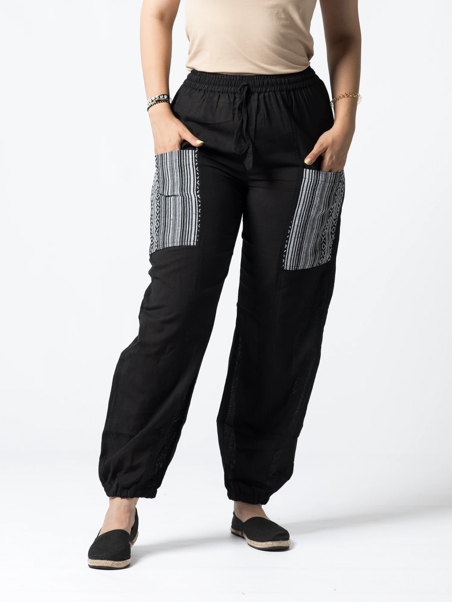 Pantaloni din bumbac cu șnur în talie și buzunare frontale cu detalii - Vișiniu [0]