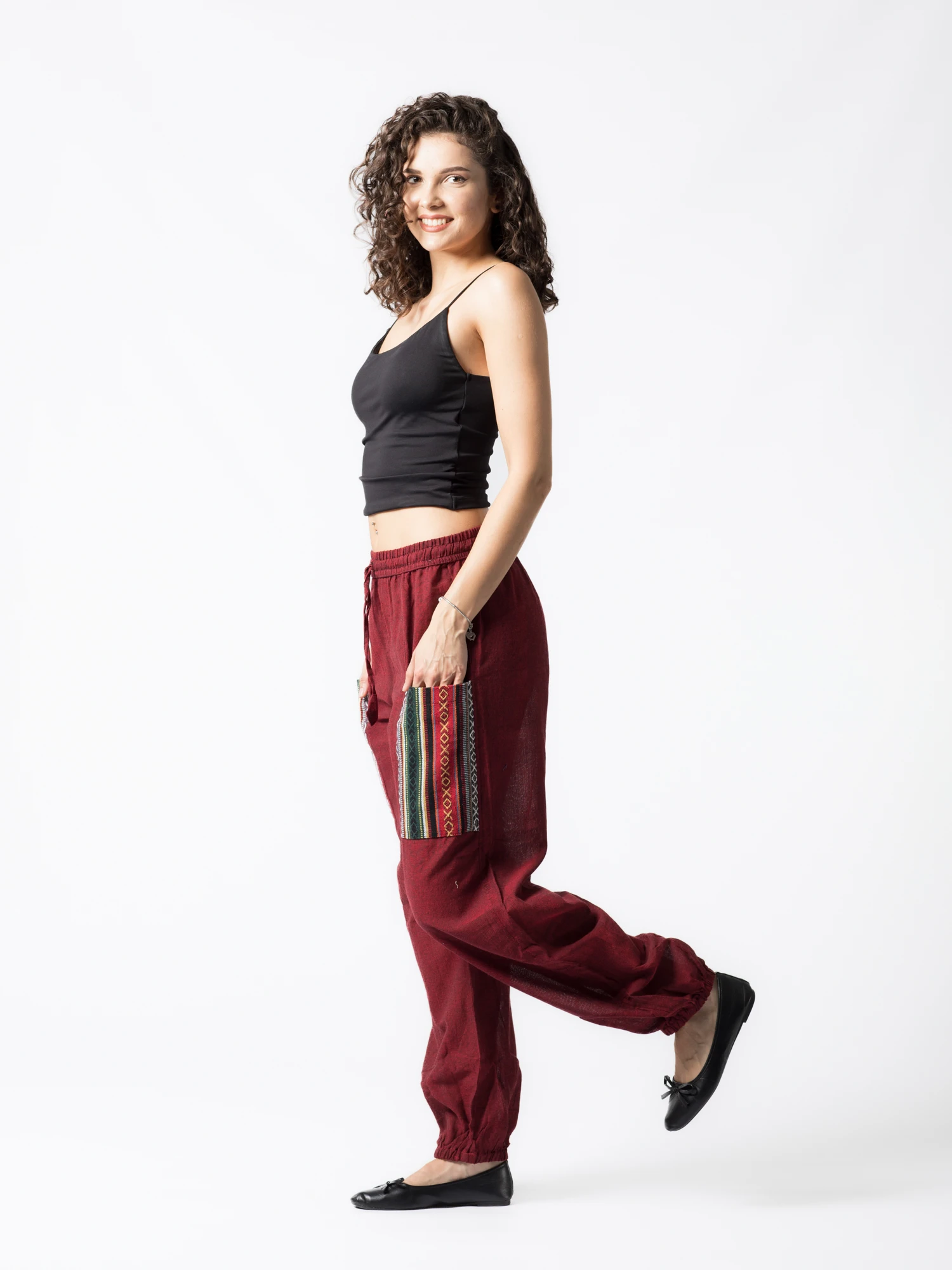 Pantaloni din bumbac cu șnur în talie și buzunare frontale cu detalii - Vișiniu [2]