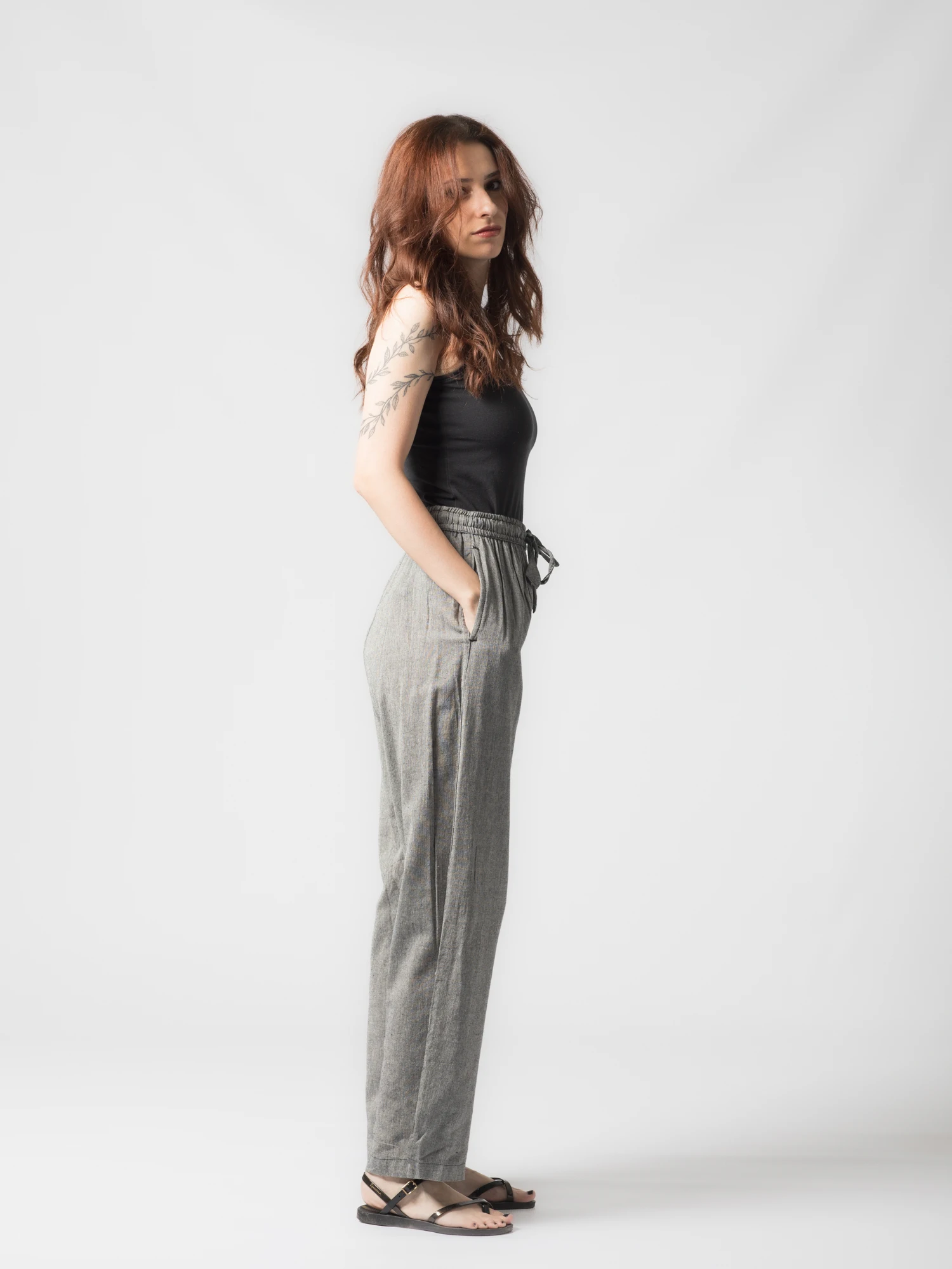 Pantaloni din bumbac drepti cu snur - Gri [2]