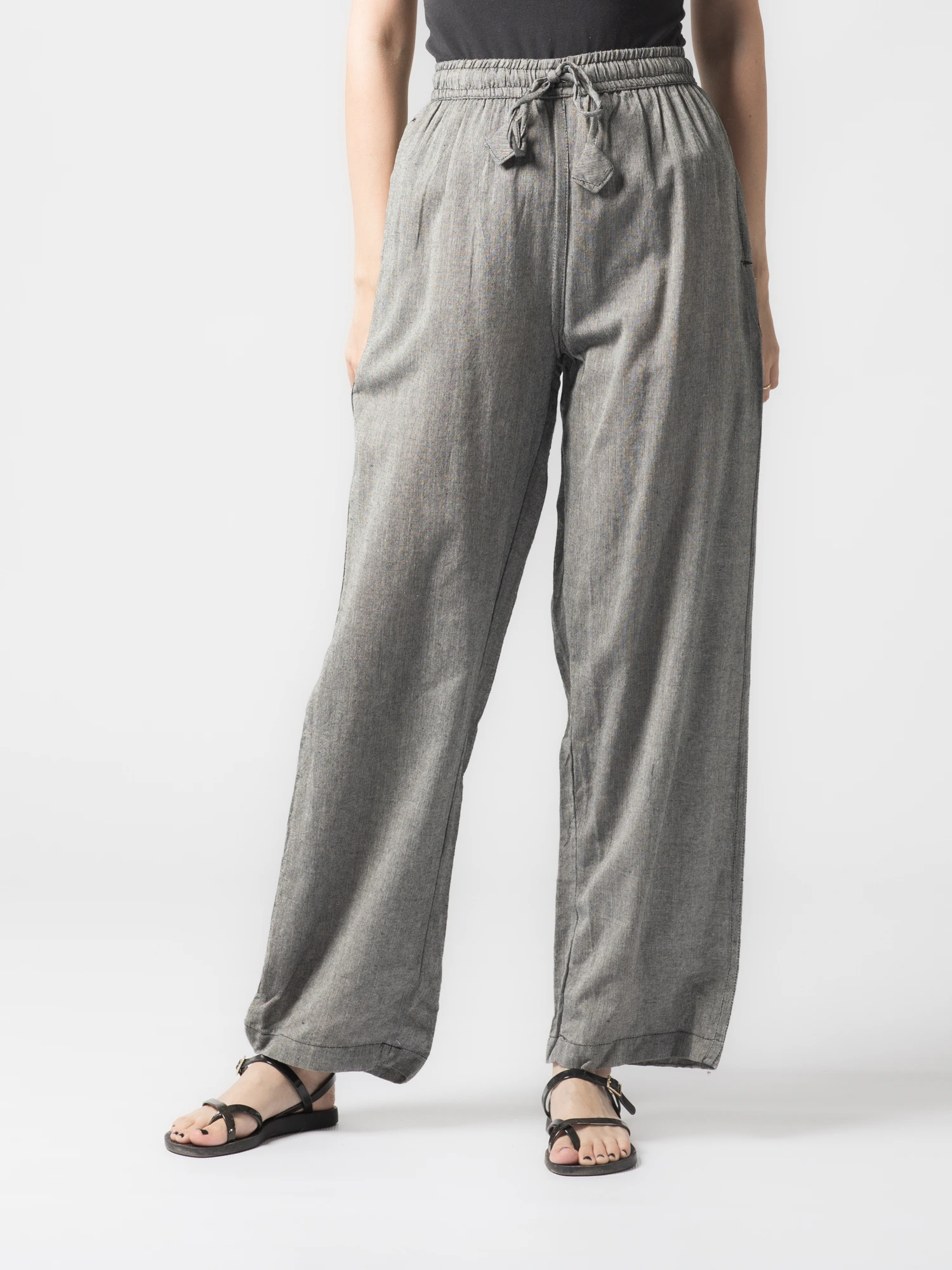 Pantaloni - Pantaloni din bumbac drepti cu snur - Gri