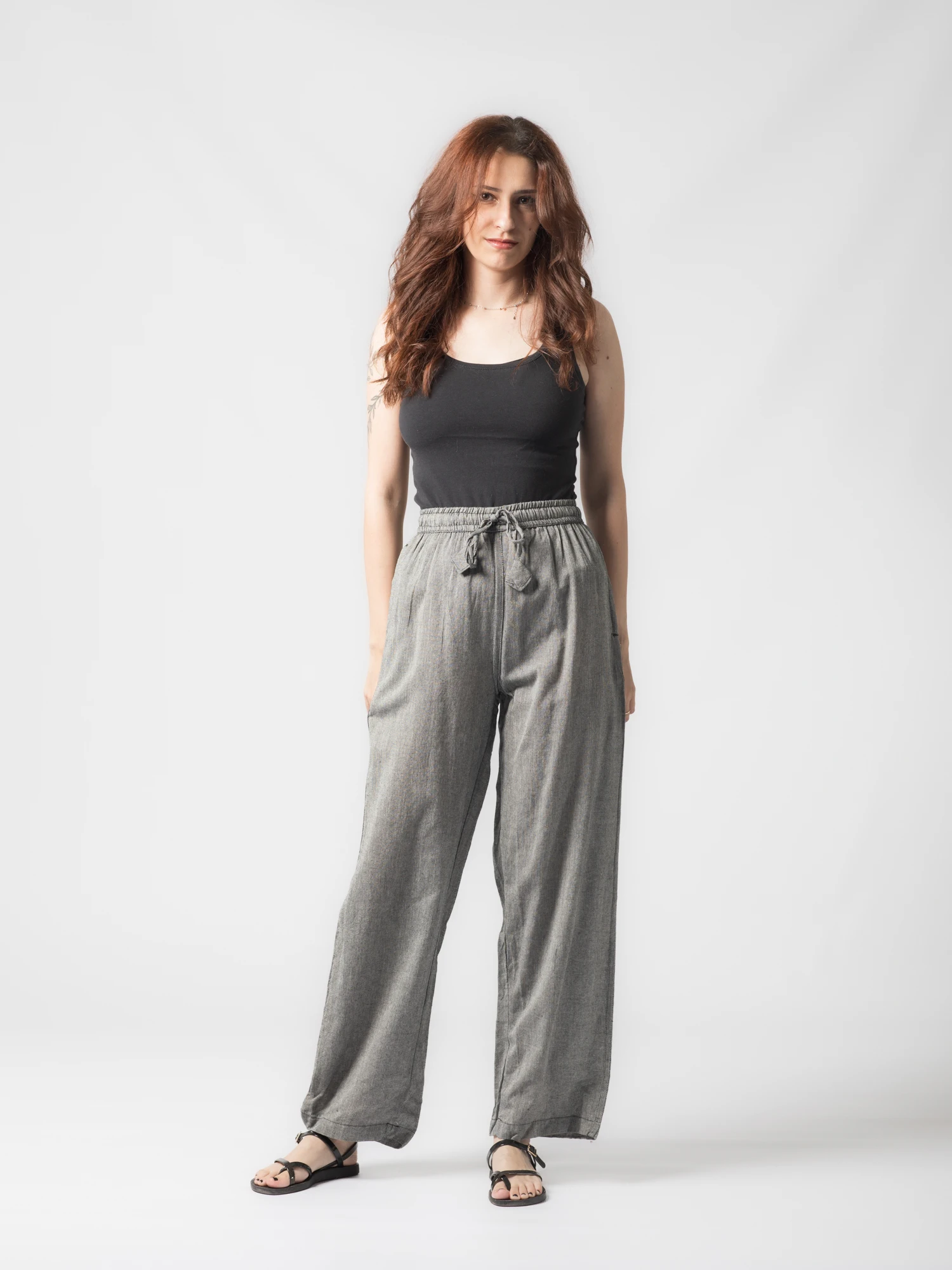Pantaloni din bumbac drepti cu snur - Gri [1]