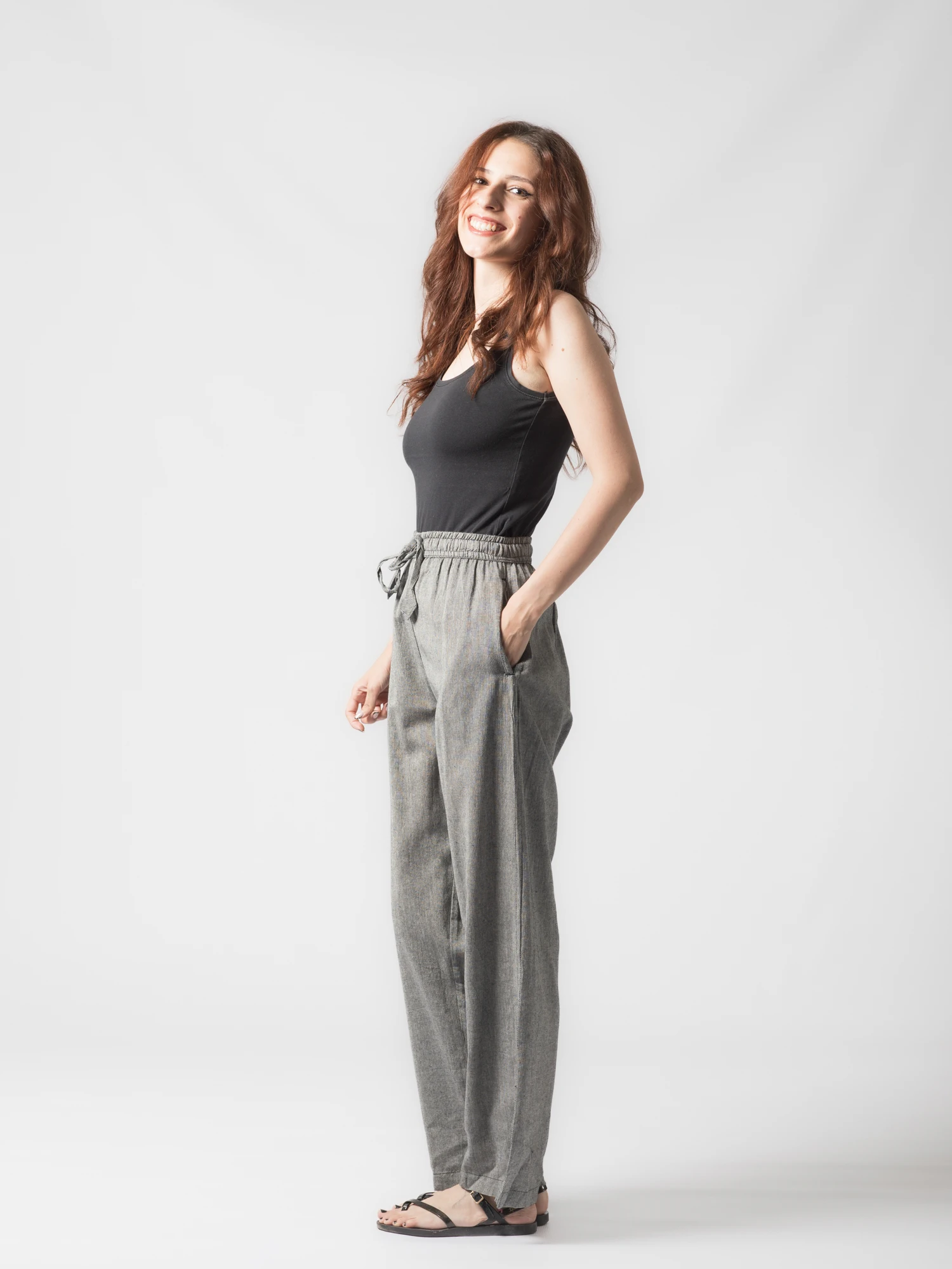 Pantaloni din bumbac drepti cu snur - Gri [3]