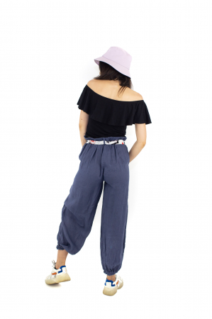 Pantaloni din In cu esarfa in talie si doua buzunare - Mov - 3795 [2]