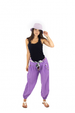 Pantaloni din In cu esarfa in talie si doua buzunare - Mov - 3795 [2]