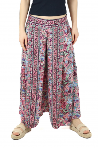 Pantaloni - Pantaloni din material fluid petrecuti cu print floral - Model 13
