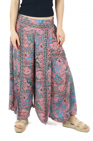 Pantaloni - Pantaloni din material fluid petrecuti cu print floral - Model 13