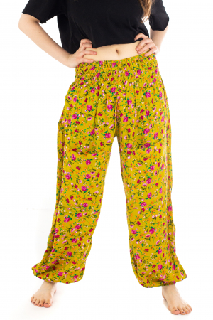 Pantaloni din rayon cu elemente florale