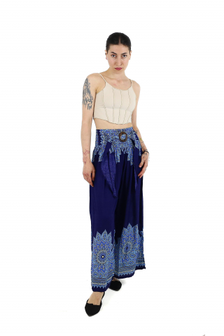 Pantaloni evazati cu banda elastica si catarama in talie - Teal [1]