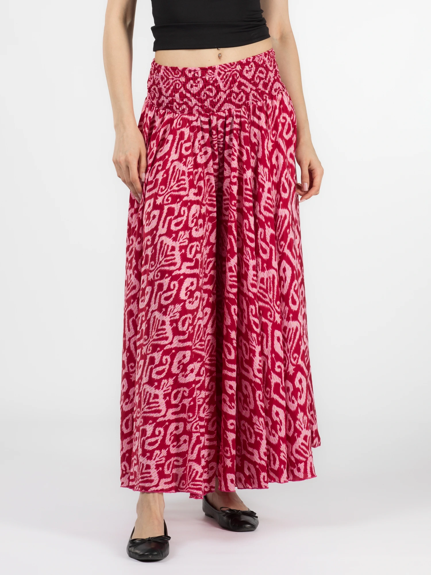 Pantaloni - Pantaloni largi din material fluid cu print si fir auriu - Model 21
