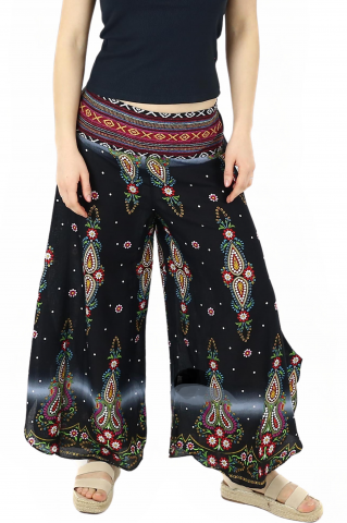 Pantaloni palazzo cu brau etno si print floral - Negru [0]