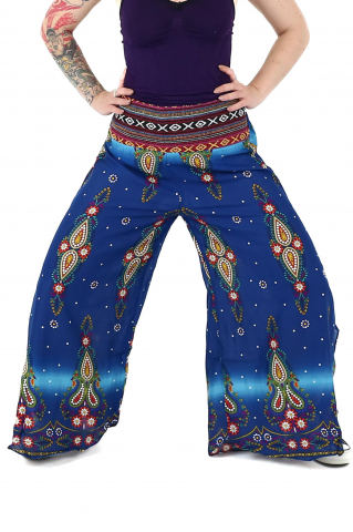 Pantaloni - Pantaloni palazzo cu brau etno si print floral - Negru