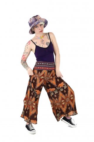 Pantaloni palazzo cu brau etno si print hindus si floral - Portocaliu [3]