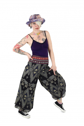 Pantaloni palazzo cu brau etno si print hindus si floral - Portocaliu [1]