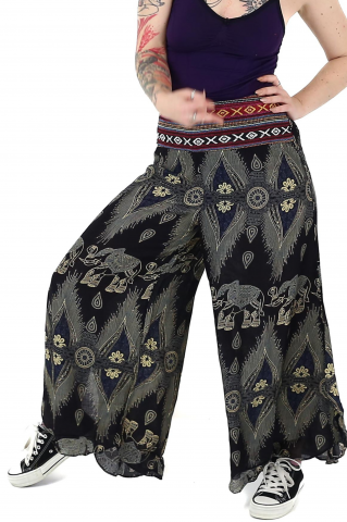 Pantaloni - Pantaloni palazzo cu brau etno si print hindus si floral - Portocaliu