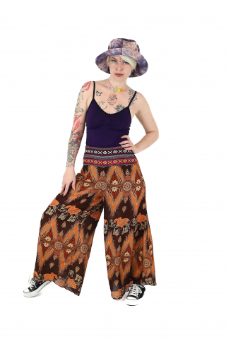 Pantaloni palazzo cu brau etno si print hindus si floral - Portocaliu [1]