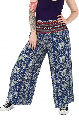 Pantaloni - Pantaloni palazzo petrecuti cu brau etno si motive hinduse - Teal