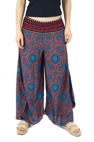 Pantaloni - Pantaloni palazzo petrecuti cu brau etno si print abstract - Bleumarin