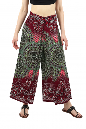 Pantaloni - Pantaloni palazzo petrecuti cu print Mandala - Rosu