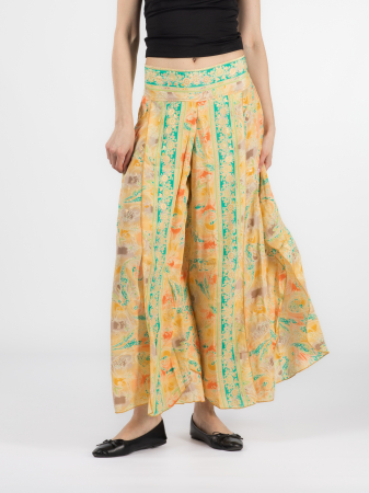 Pantaloni - Pantaloni petrecuți din material fluid cu print și fir auriu - Model 27