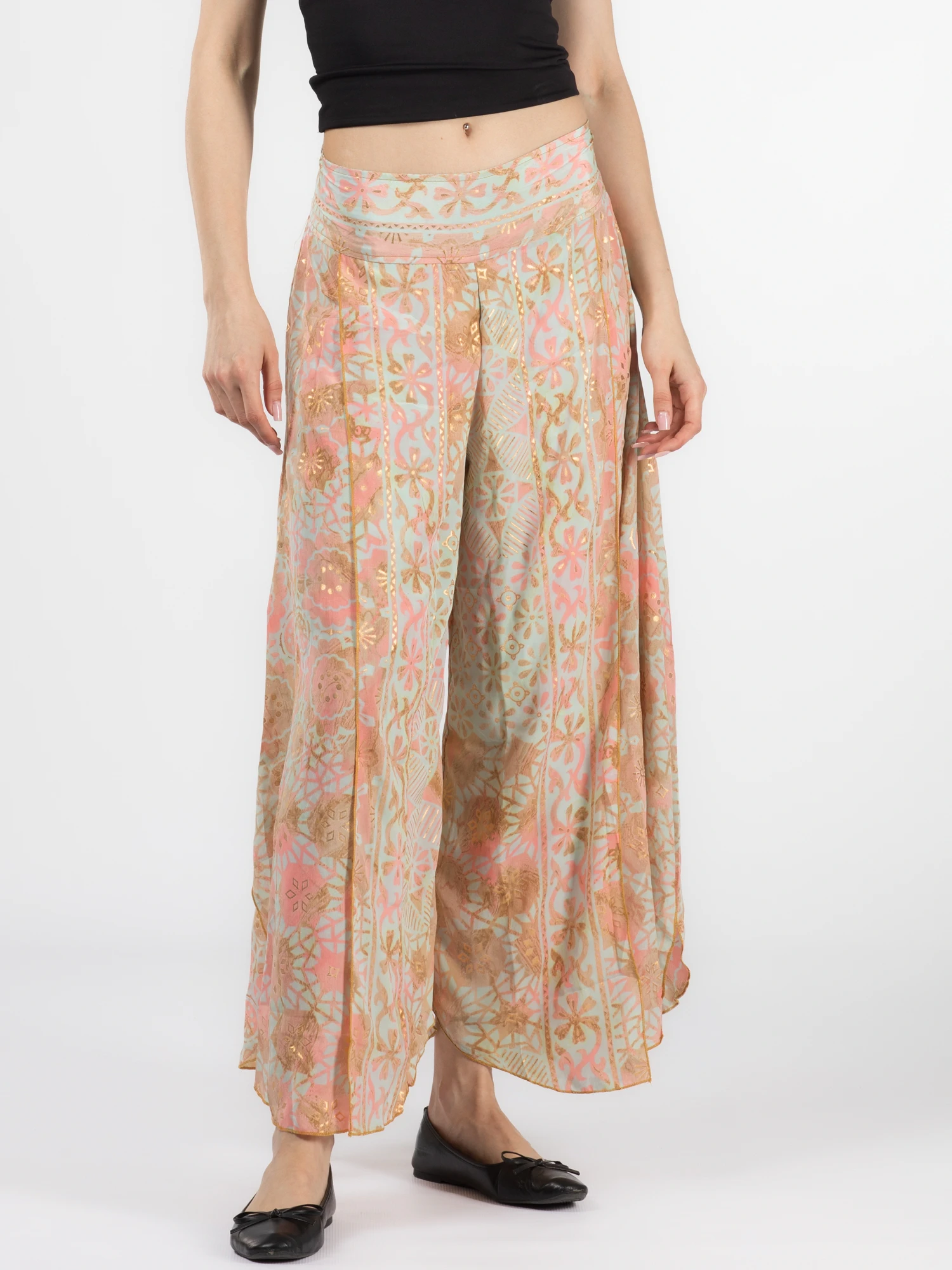 Pantaloni - Pantaloni petrecuți din material fluid cu print și fir auriu - Model 29