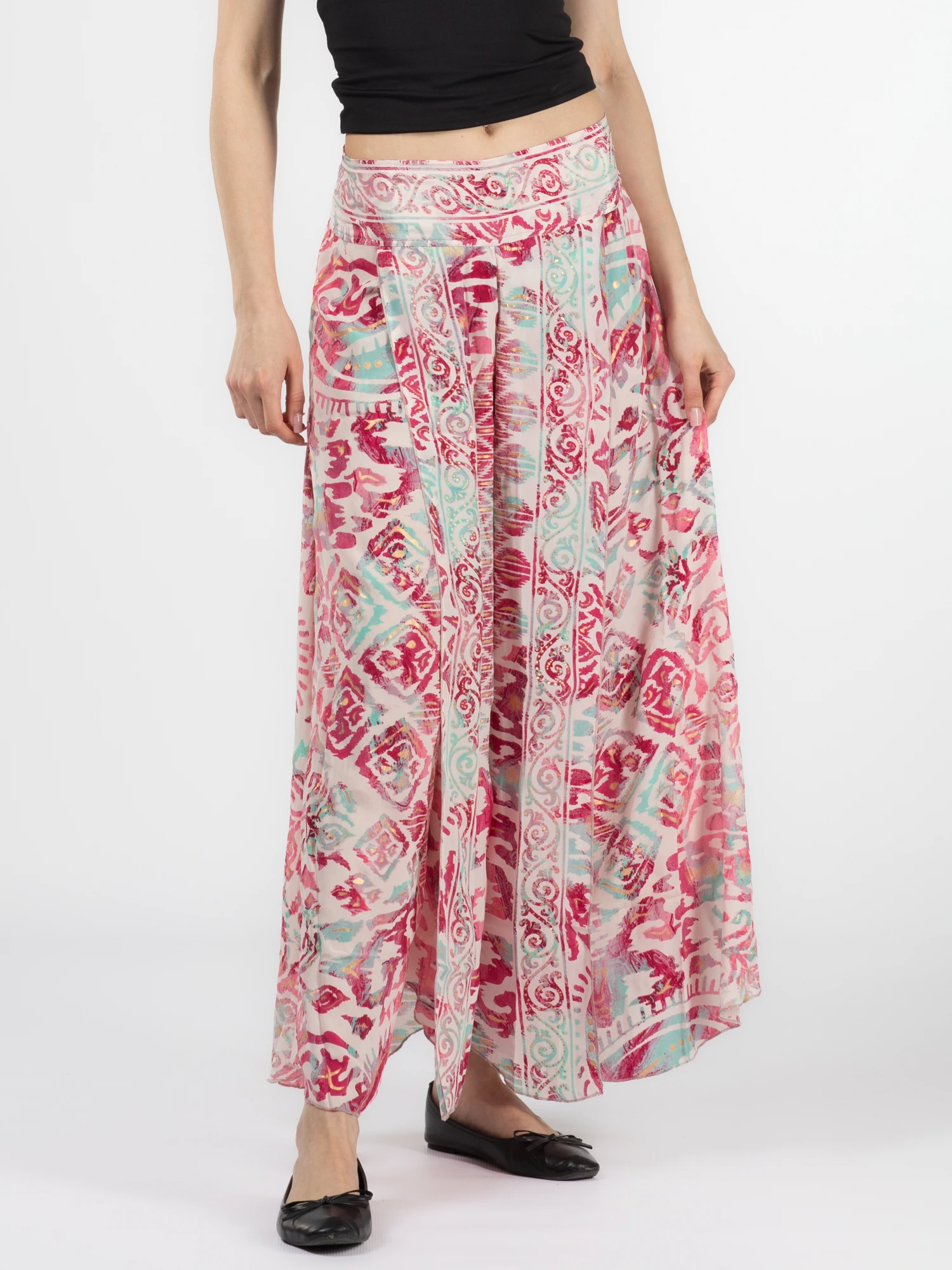 Pantaloni - Pantaloni petrecuți din material fluid cu print și fir auriu - Model 30