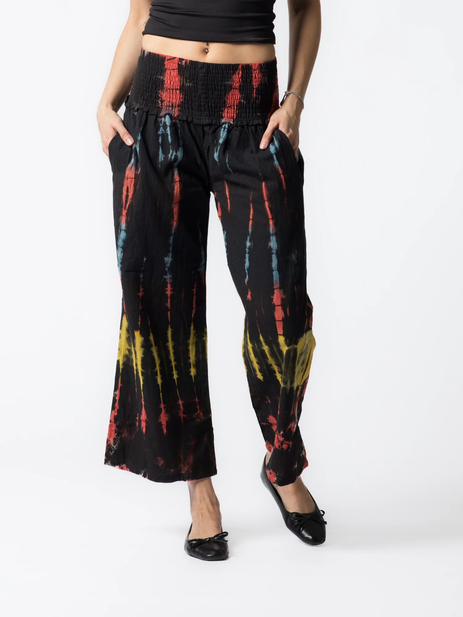 Colecția Toamnă 2025 - Pantaloni Tie Dye evazați din bumbac cu bandă elastică lată în talie - Negru