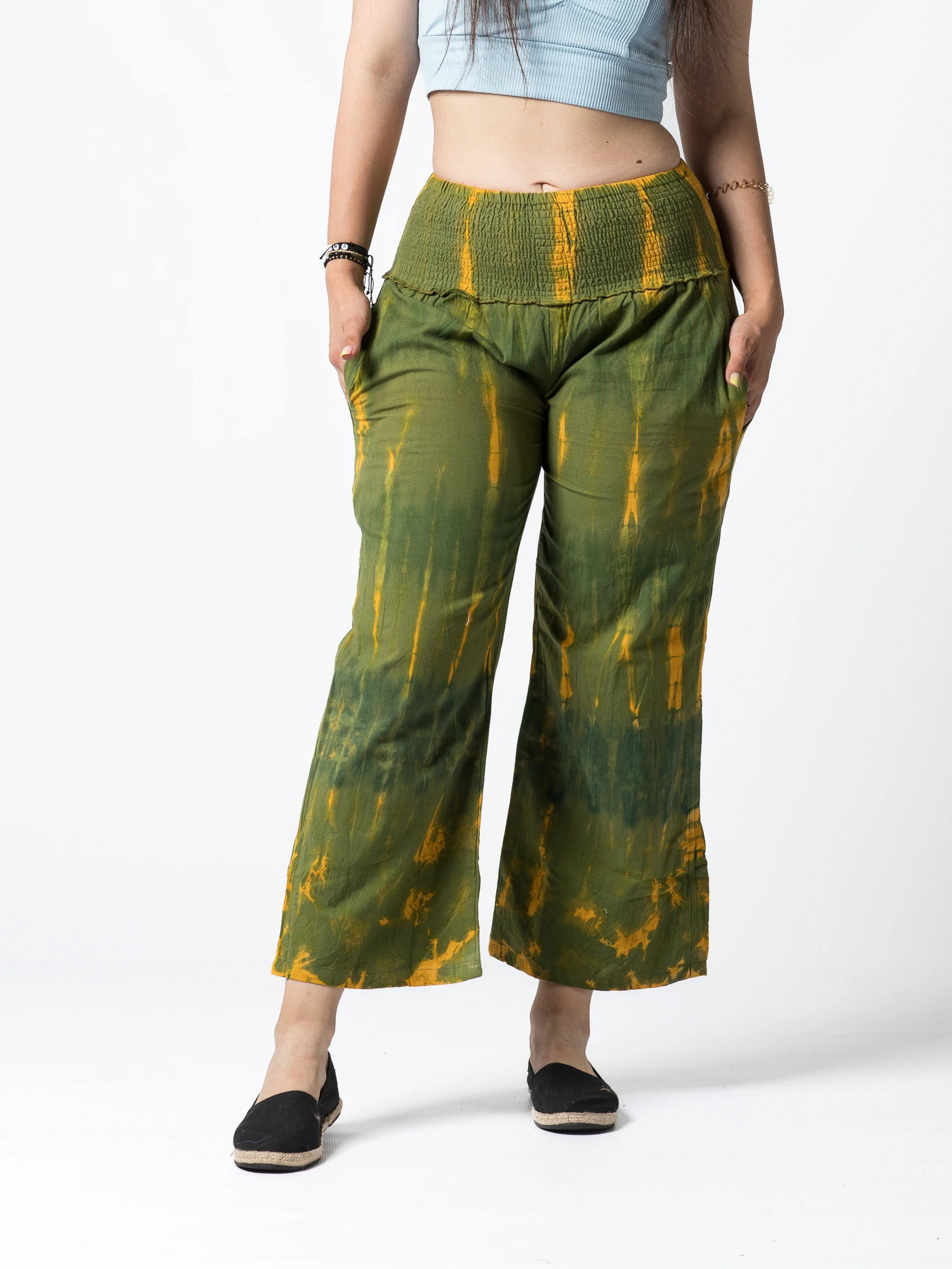 Pantaloni Tie Dye evazați din bumbac cu bandă elastică lată în talie - Negru [0]